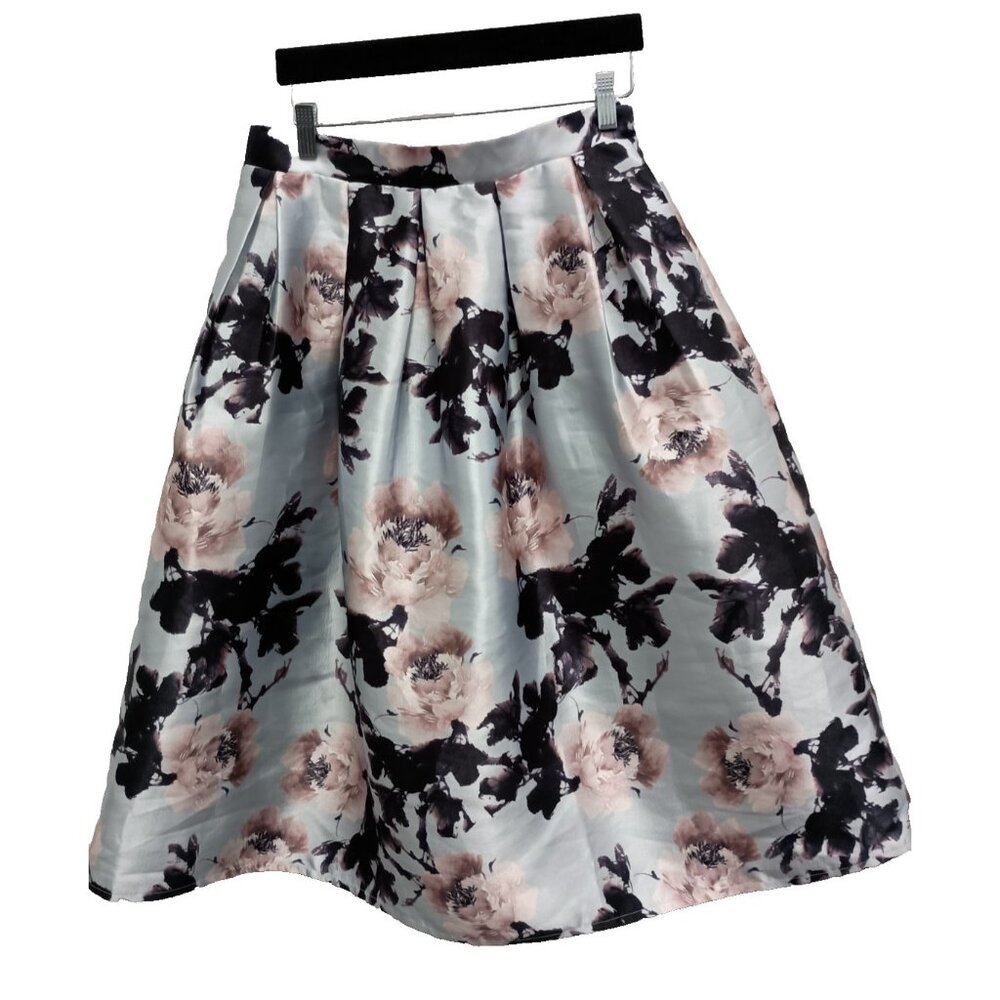 ANGL‎ Taffeta Skirt Womens Large Blue Pink Floral Midi Pleated Full Cottagecore